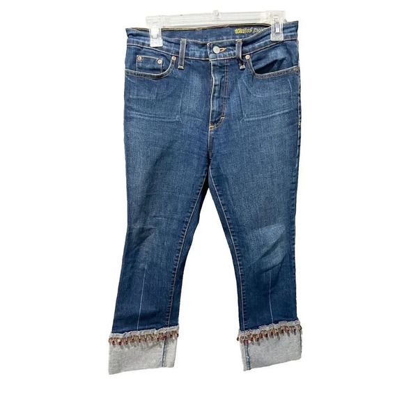 Vtg Y2K Womens Blue Fringe Gems Capri Crop Denim Jeans 8 Hamilton Dungaree - Picture 1 of 13